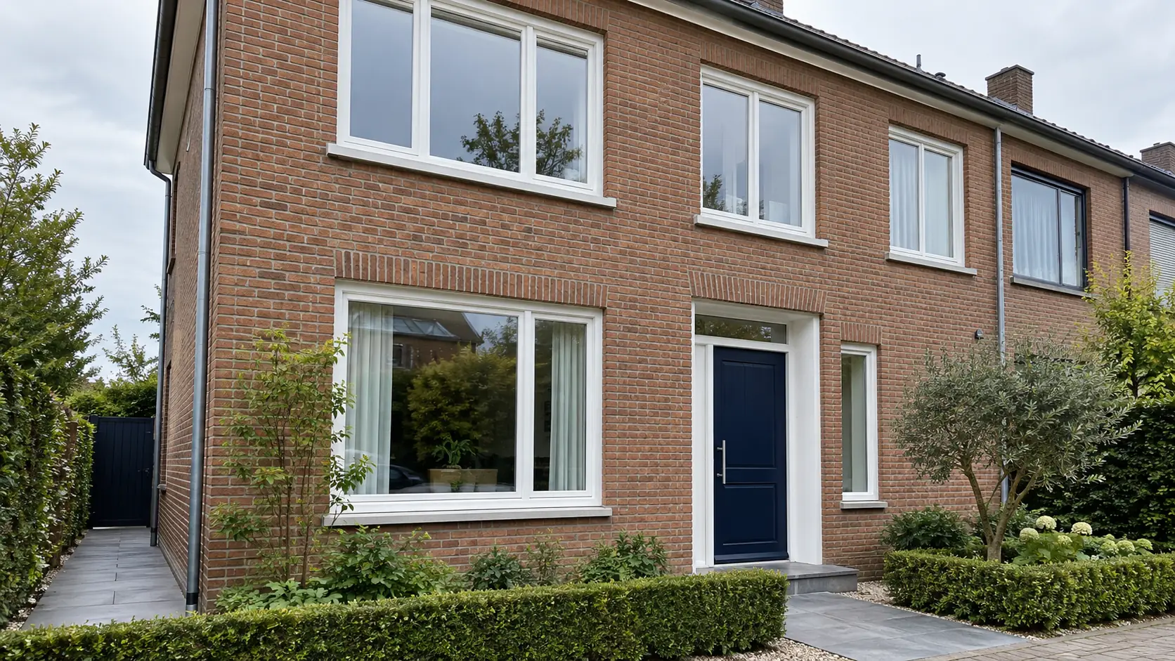 Rijwoning in rode baksteen met witte ramen en een donkerblauwe voordeur