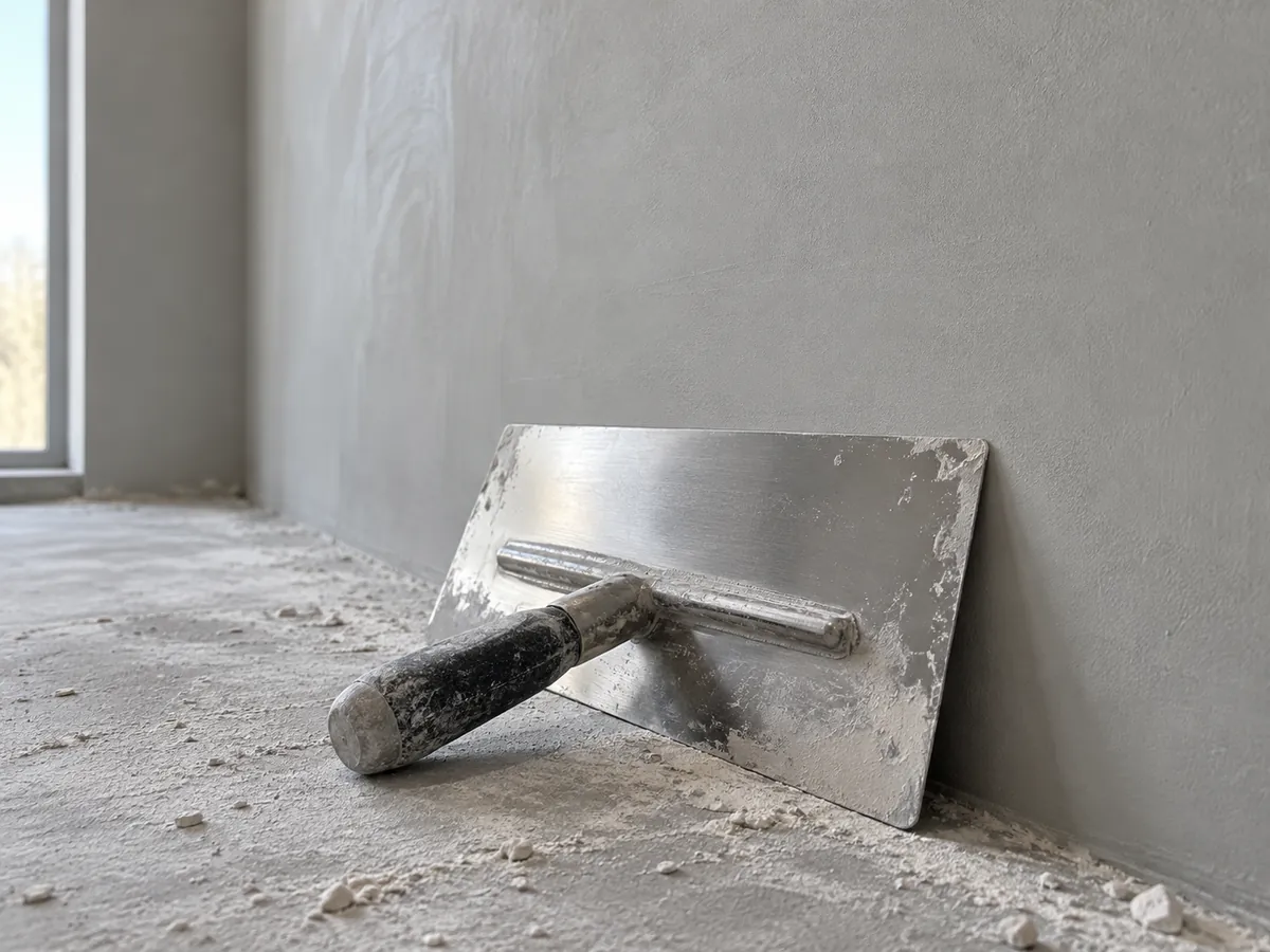 Plamuurspaan tegen een vlak afgewerkte muur in nieuwbouw