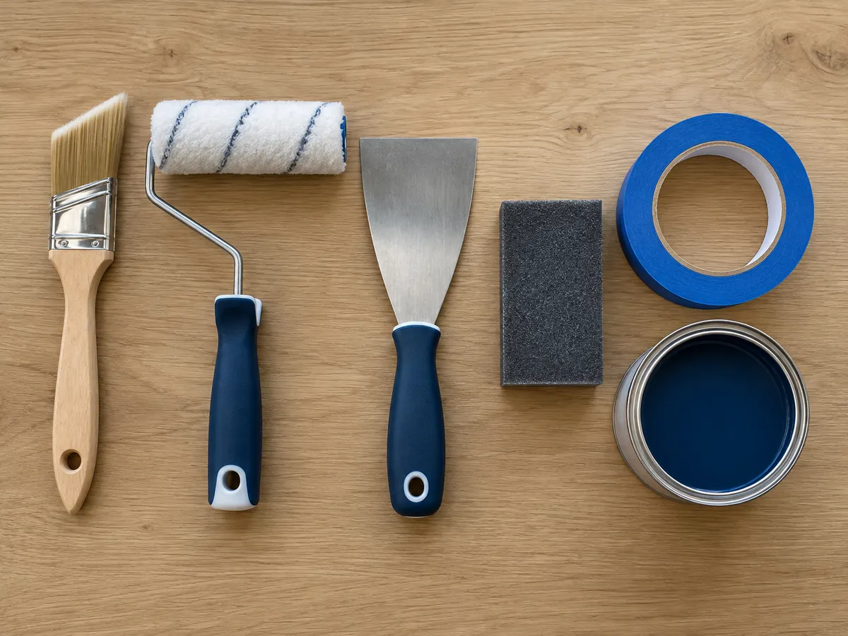 Penseel, verfroller, plamuurmes, schuurspons, tape en een blik verf op een houten tafel