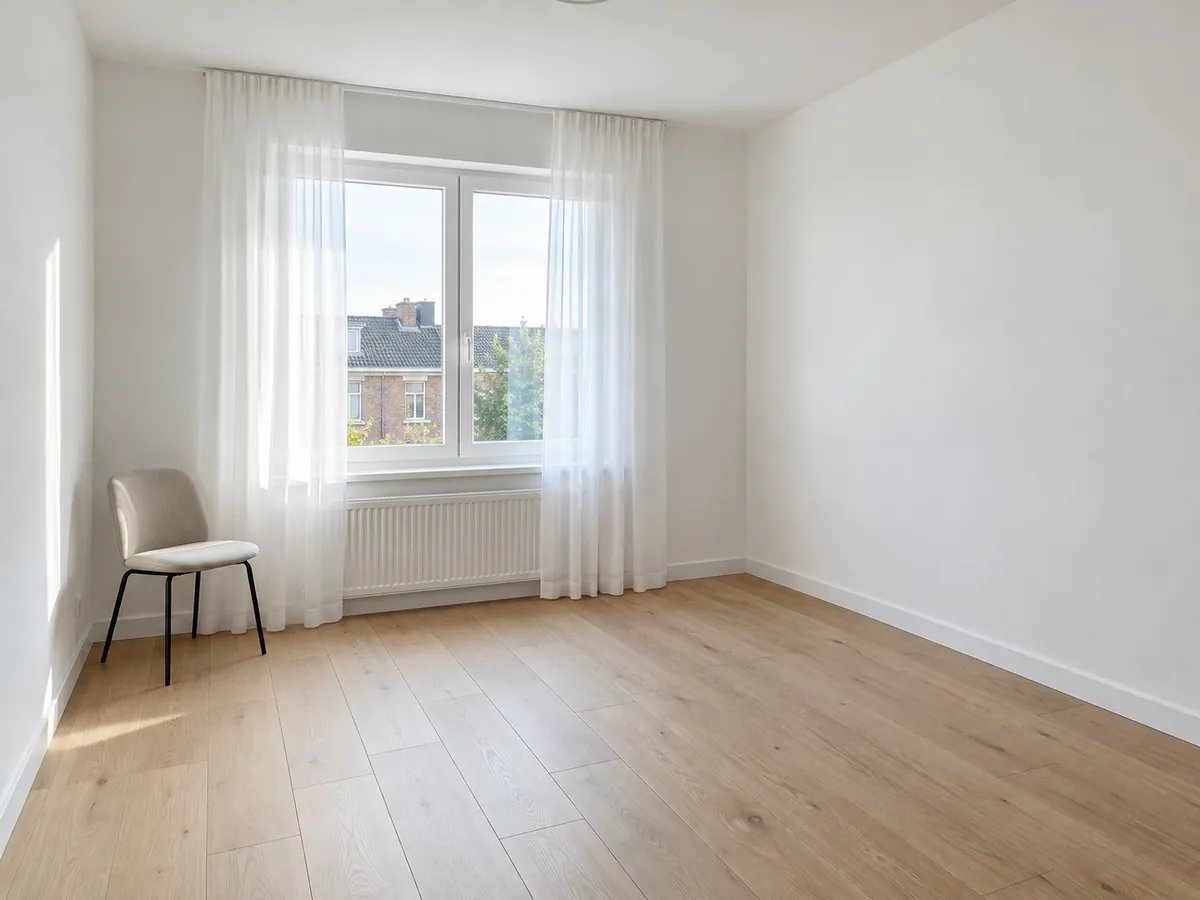 Lege, lichte kamer met witte muren en een eikenhouten vloer