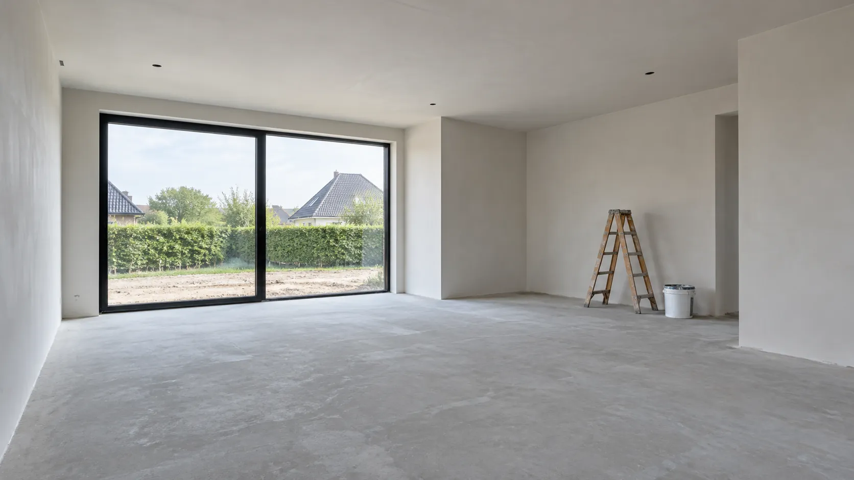 Lege nieuwbouwruimte met vlak gepleisterde muren, klaar voor de verf