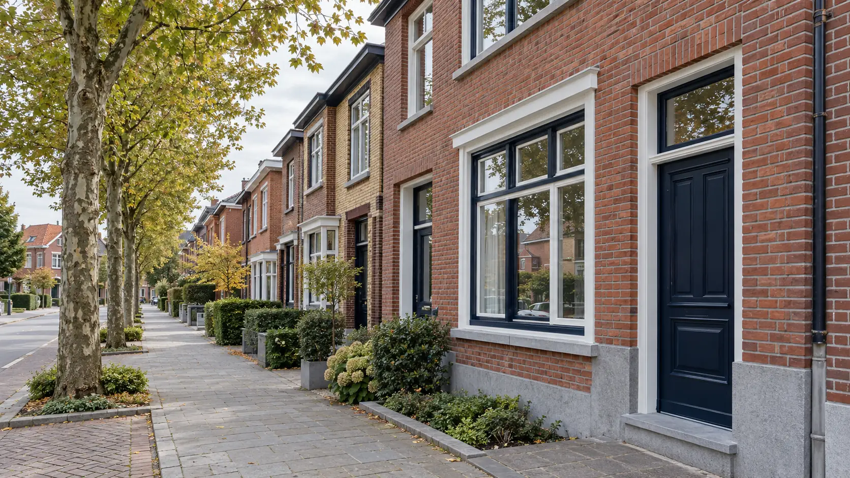 Vlaamse woonstraat met rijwoningen in baksteen en hoge platanen